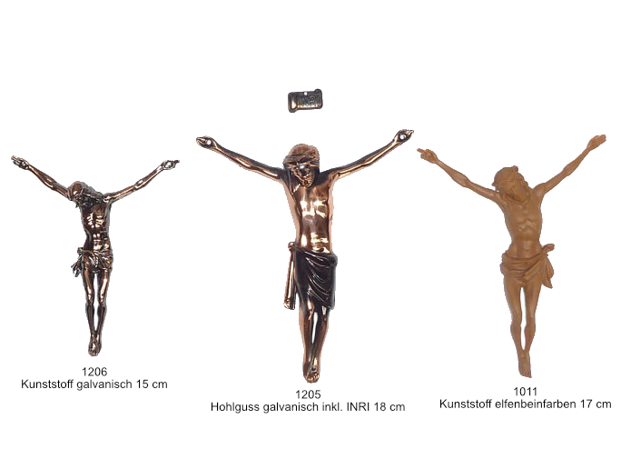 Jesuskörper Kunststoff galvanisch L/B in cm: 15/13; Hohlguss L/B in cm: 18/16; Kunststoff elfenbein L/B in cm: 17/14